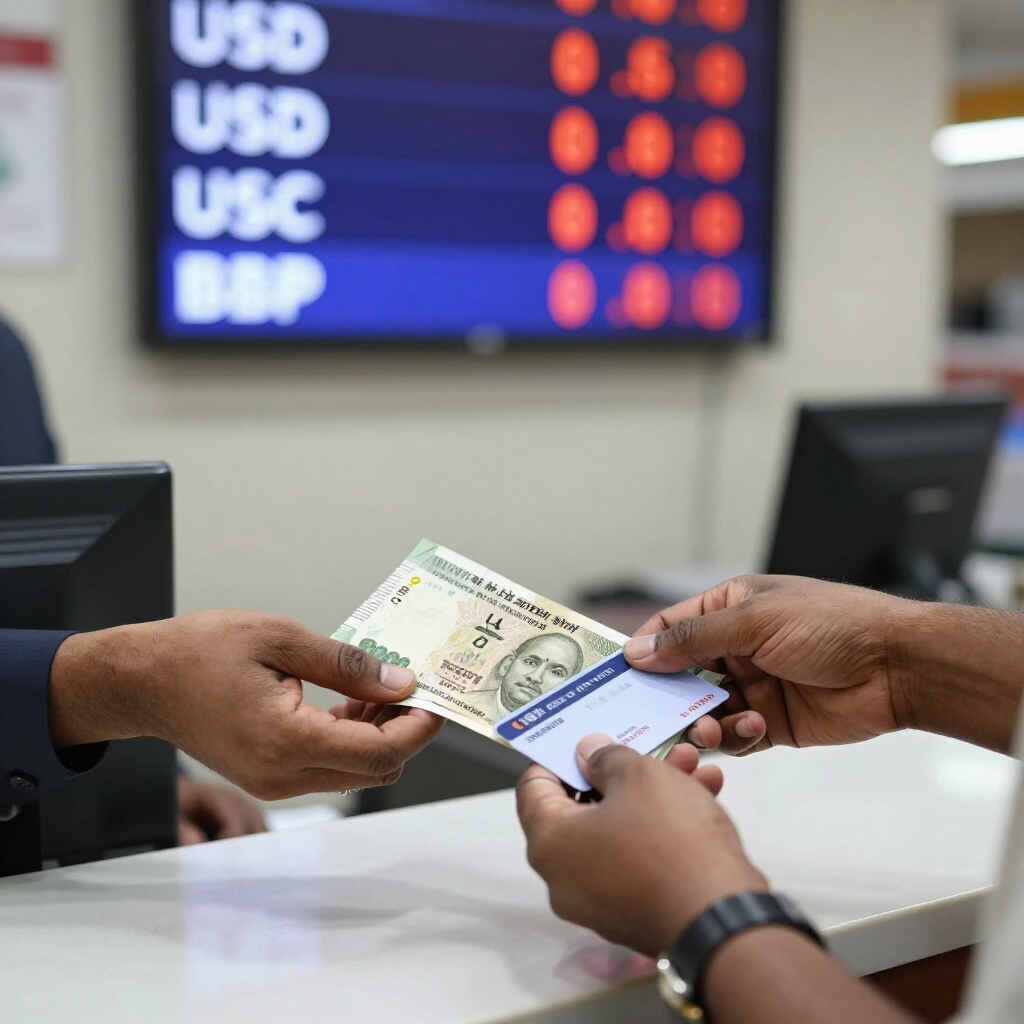 Customer receiving foreign currency and a forex card across the exchange counter