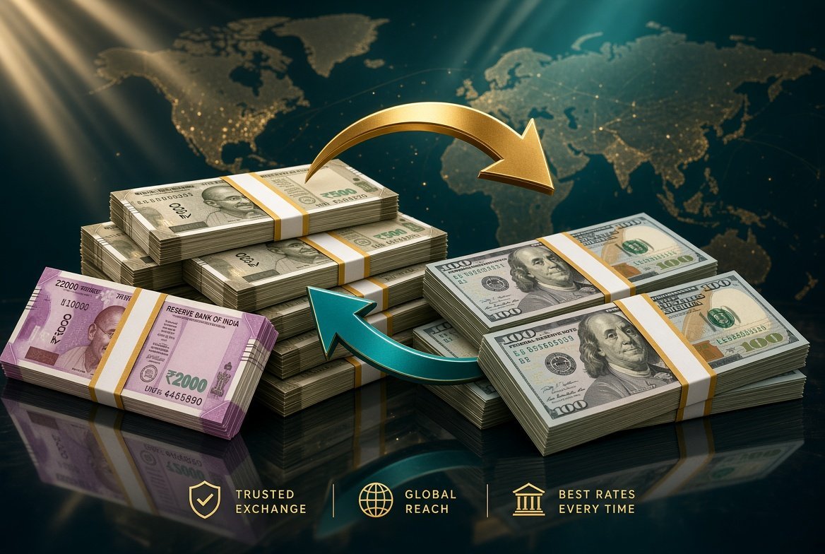 Currency exchange counter with foreign notes and a live rate board